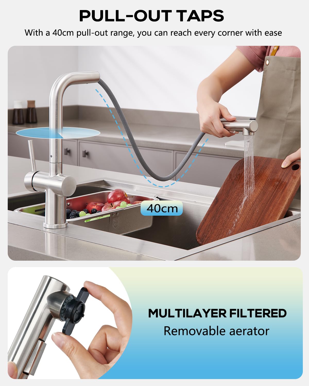 BONADE Kitchen Faucet Pull-Out, High Pressure Kitchen Tap with Sprayer 2 Spray Modes, 360° Rotatable Kitchen Faucet, L Shape Mixer Tap Kitchen, Single Lever Sink Mixer Stainless Steel Brushed