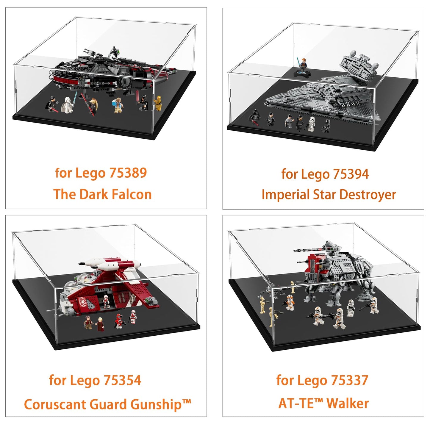 Acrylic display case for Lego 75337 at-TE Walker 75389 75394 75354, glass showcase acrylic box transparent large for figures toys, black interior 50x40x20cm.