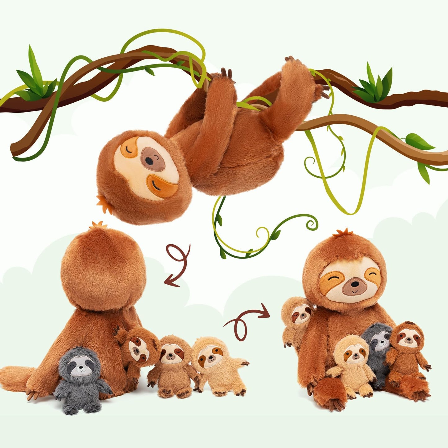 OUOZZZ 5 piece sloth plush toy set, 48cm soft sloth stuffed animal with 4 baby sloth plushies in the belly - baby birthday gift for girls boys kids