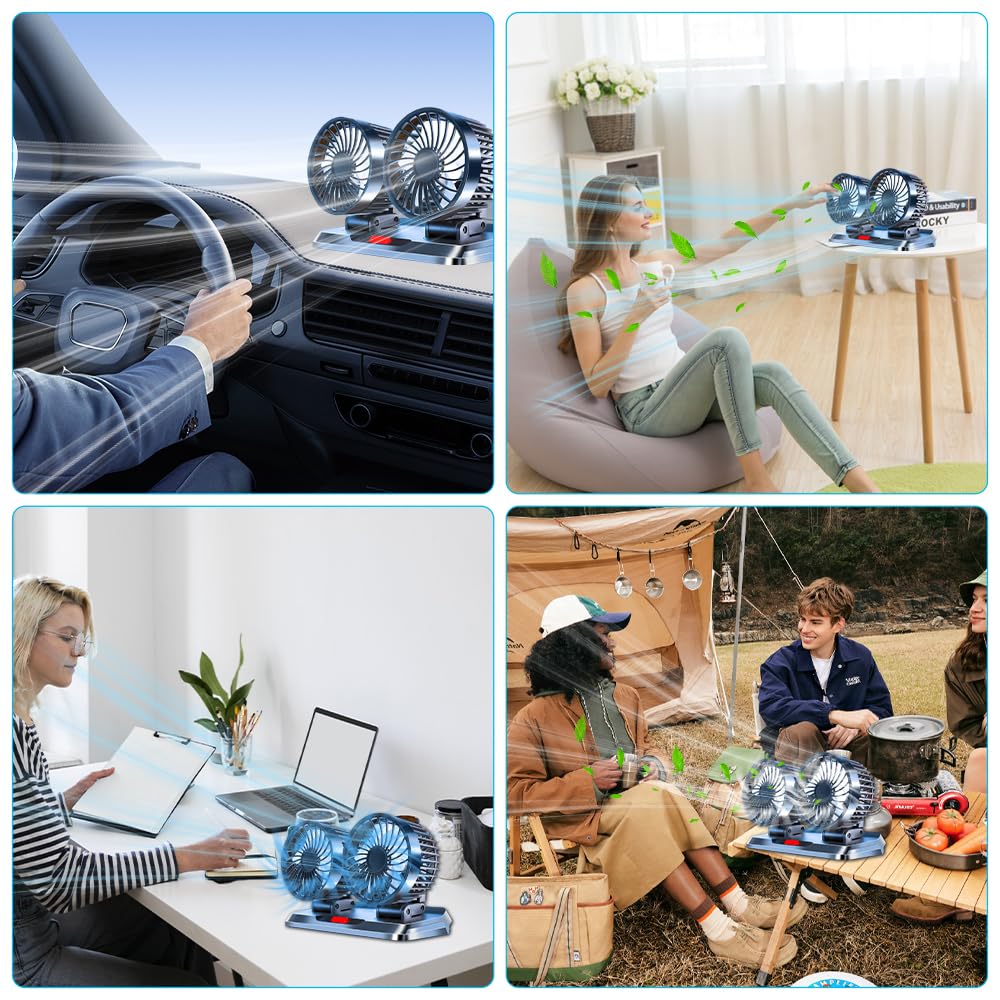 KUWUNG USB Car Fan, Dual Head 360° Rotatable USB Car Fan with 3 Speeds, Dual Fan Suitable with USB Interface for Car, RV, Home, Office, Camping