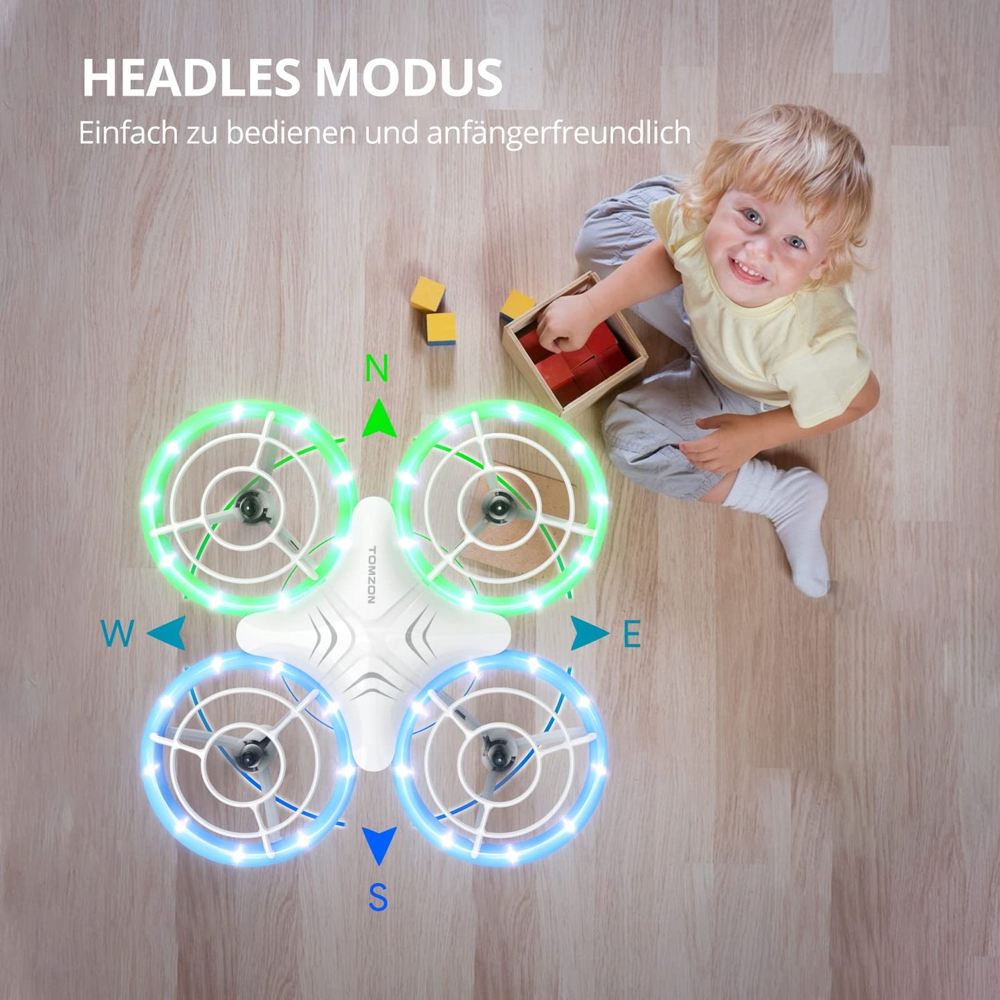 TOMZON Mini Drone for Kids, Blue and Green LED Lights, RC Quadcopter with 2 Batteries, Headless Mode, Throw Go/3D Flip/Rotation/Circle Fly for Beginner Kids