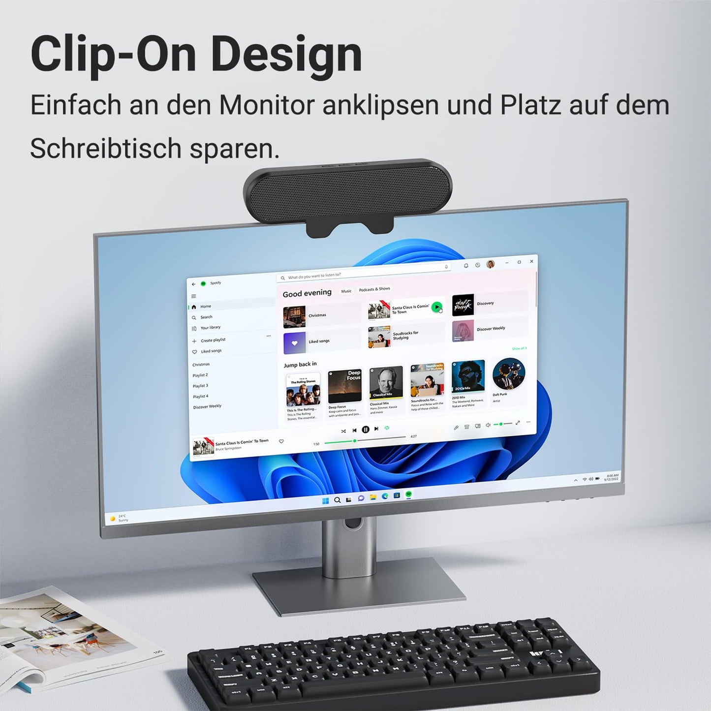 INGA USB speakers for computer monitor and laptop, clip-on desktop soundbar, USB/C-PC speakers, suitable for desktop, laptop, and Mac (Black).