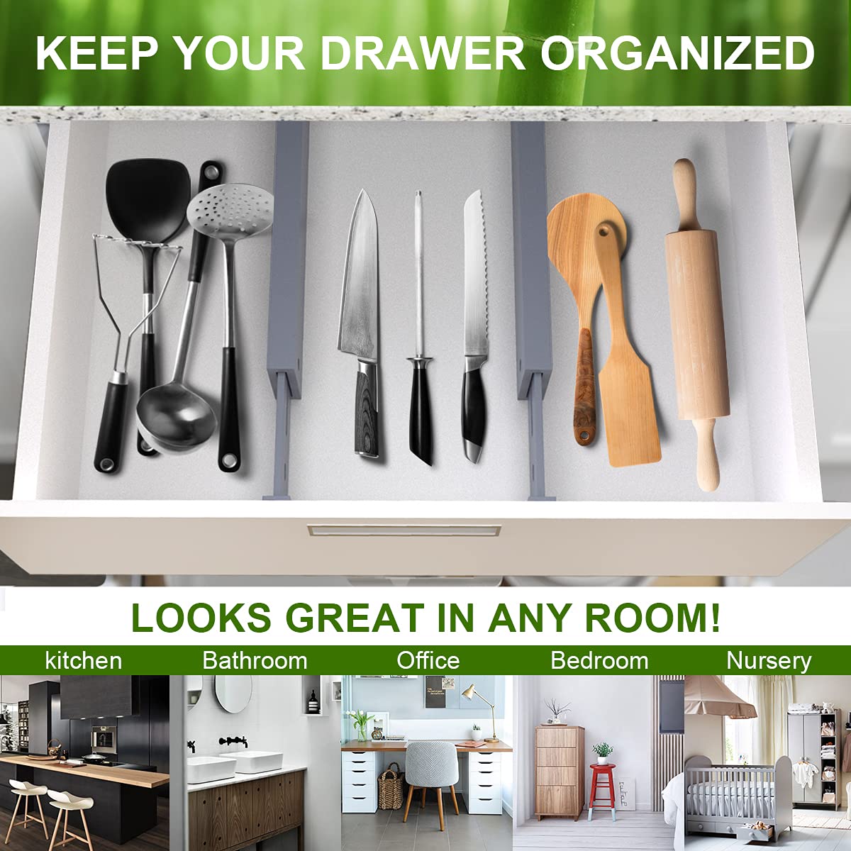ANTOWIN Drawer Divider Adjustable Bamboo (42.5-56.4cm), Drawer Organizer, Spring Loaded, Kitchen, Dresser, Bathroom, Bedroom, Baby Drawer, Desk Organization System (grey)