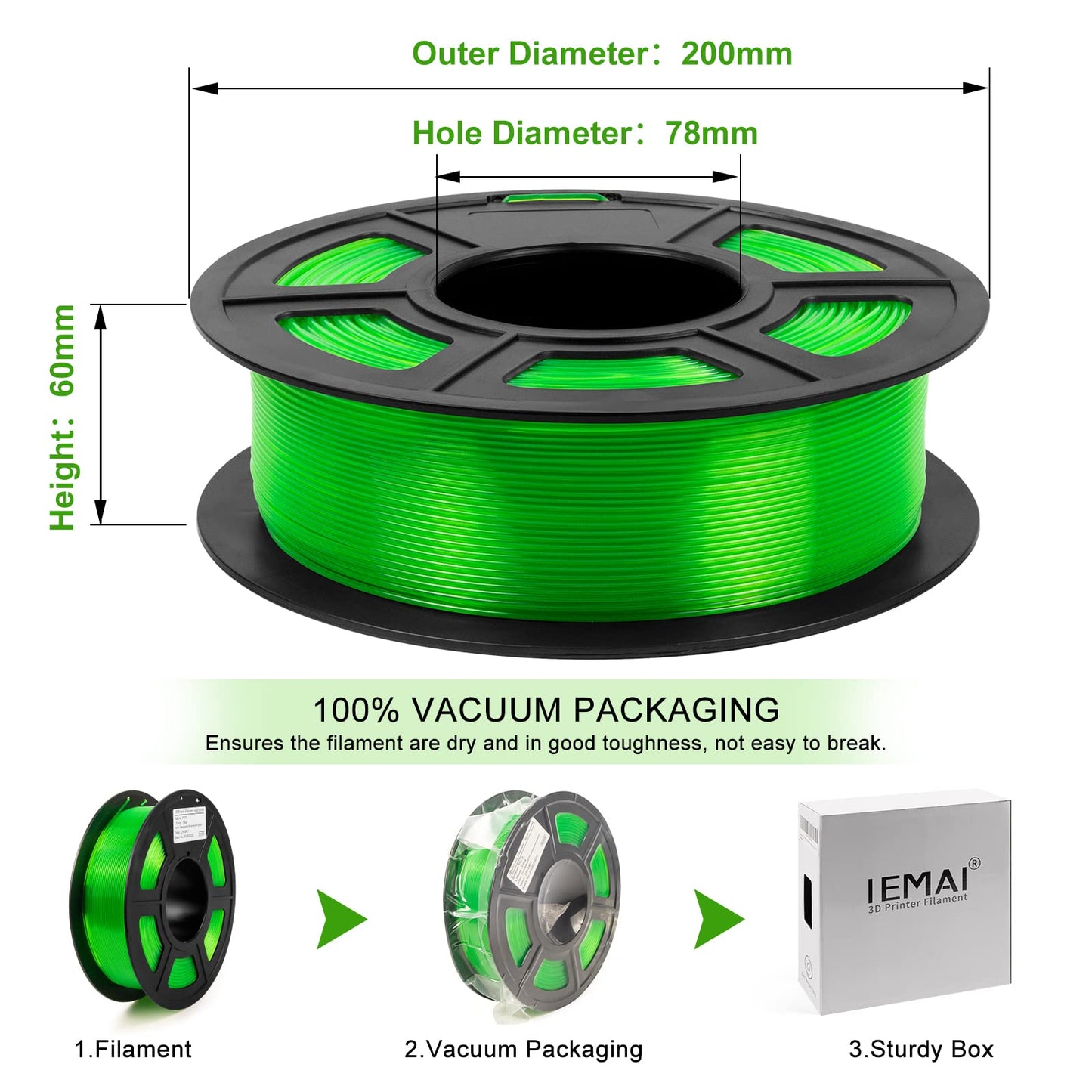 IEMAI PETG Filament 1.75mm, Transparent PETG Fluorescent Green 1Kg, High Speed 3D Printer Filament, Dimensional Accuracy +/- 0.02mm, Suitable for printing lampshades decorations