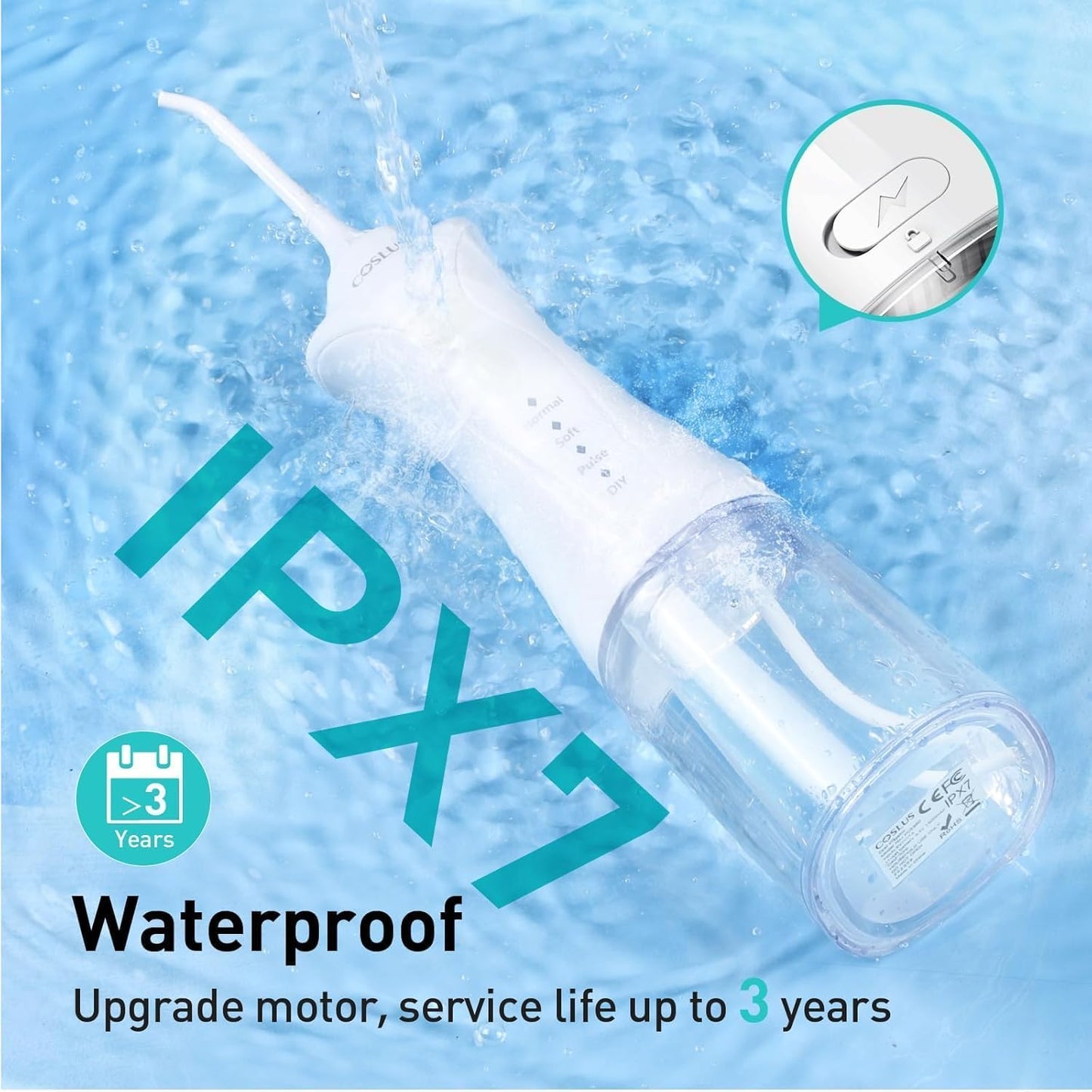 COSLUS Cordless Water Flosser Electric Tooth Cleaner: 4 Modes Portable Mouth Shower 300ml Water Tank Dental Flosser Winner Easy To Use Tongue Cleaner for Dental Care Travel White