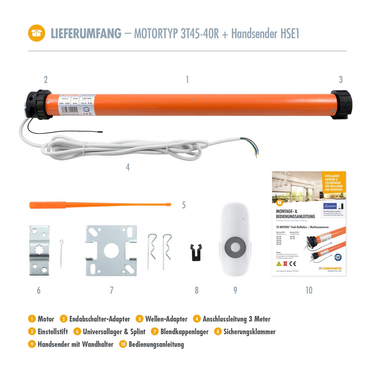 3T-MOTORS Radio-controlled awning motor 3T45-40R + HSE1 (pulling force 40 Nm/80 kg) for 78 mm awning shaft, for retrofitting on awnings up to 5 m projection, easy installation with accessories, awning drive.