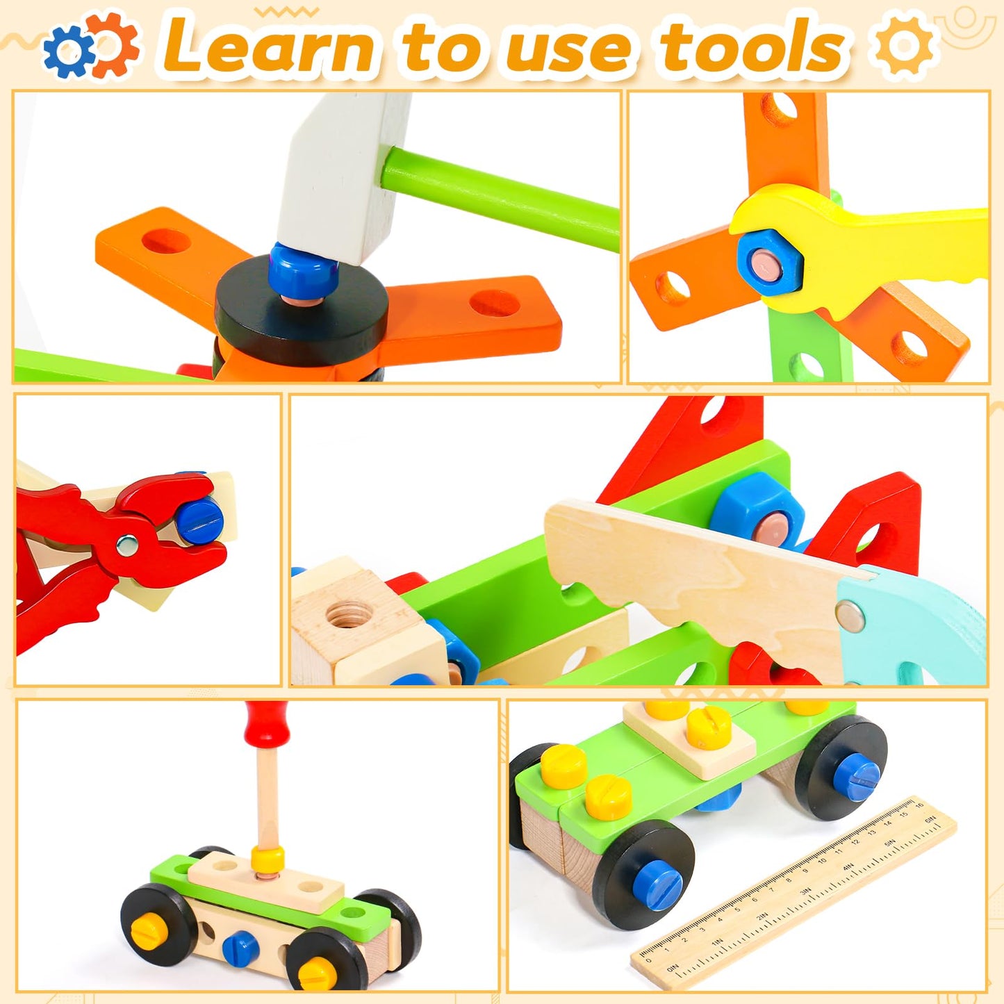 Rtomry Toys for Ages 3+ Tool Set for Kids Montessori Toys for Ages 3+ Boys Girls Wooden Role Play Toolbox Gifts for Kids