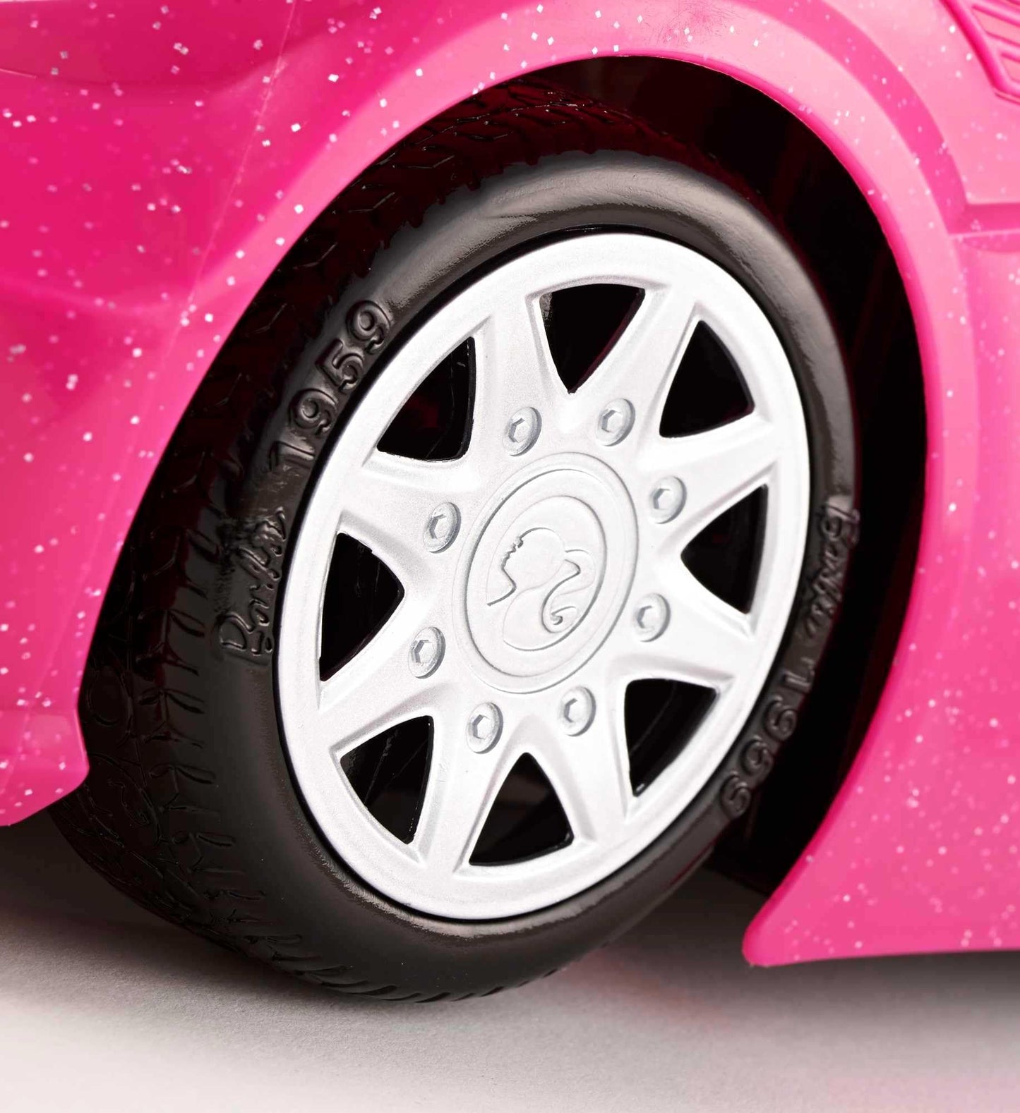 Barbie doll and pink glitter convertible with realistic tires logo, toy for ages 3 and up, DJR55.