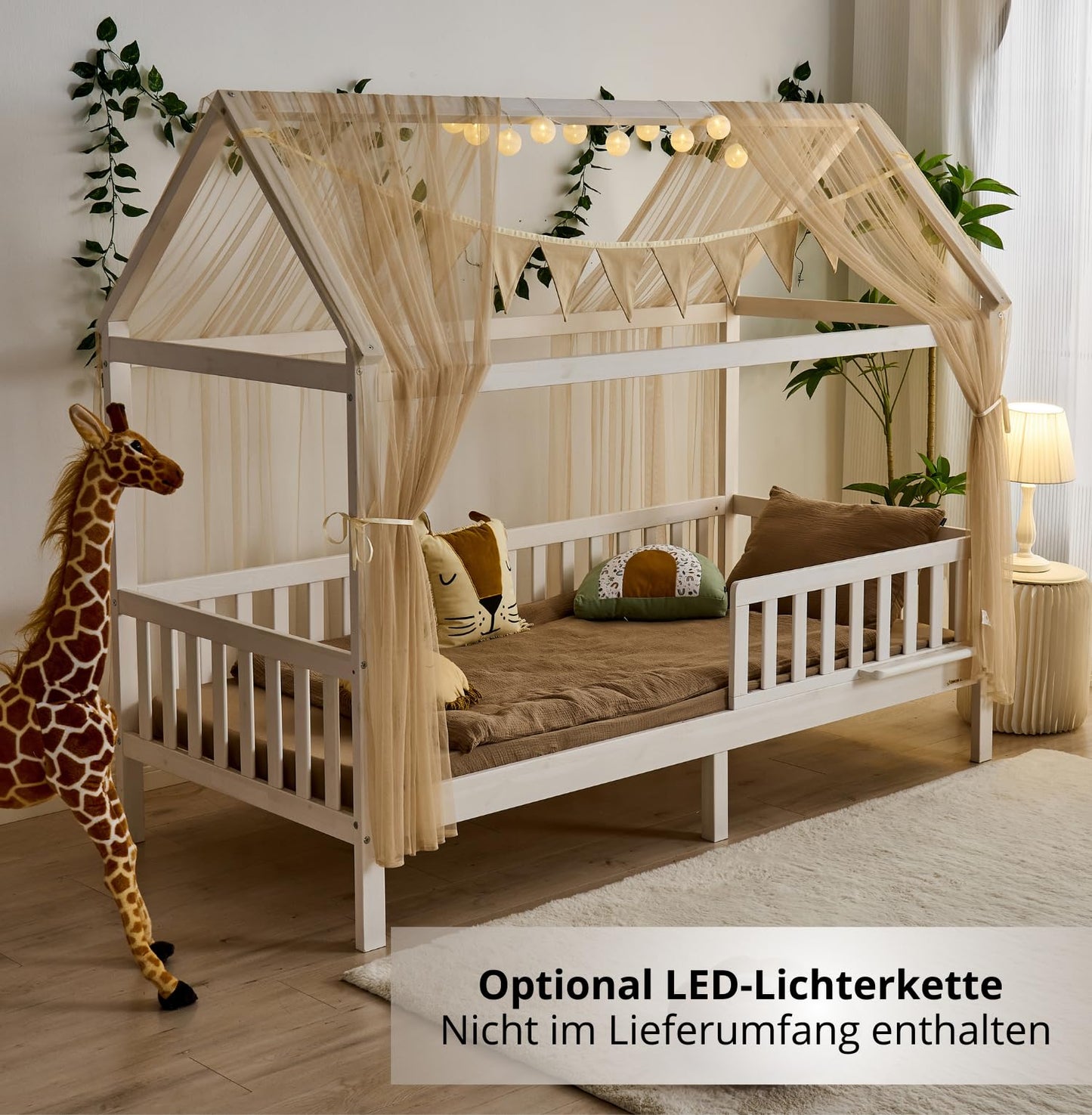 ALAVYA HOME® 3-piece house bed decoration set with 2 bed canopies and 1 flag garland 300cm long for children's bed and room. Made of 100% organic cotton, size 150 x 350 cm, without string lights, in beige.