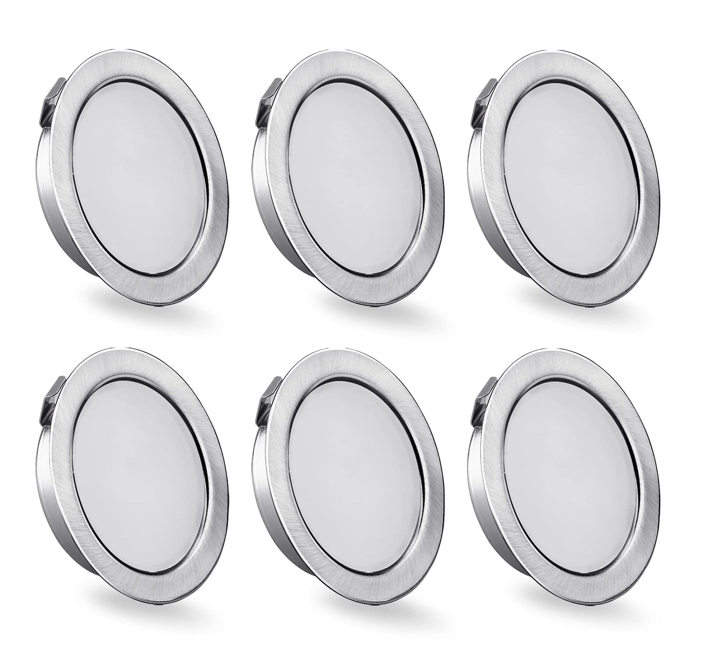 KYOTECH 6-pack of 230V LED furniture lights, 3.5W LED IP44 G4 15mm flat furniture recessed spotlights in brushed stainless steel look, 3000K warm white, kitchen hood light, bathroom spotlight.