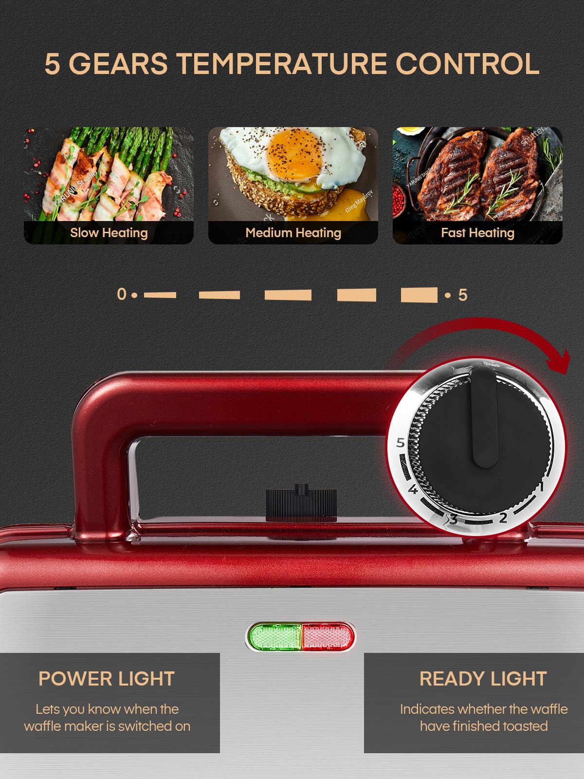 3 in 1 sandwich maker, 1200W waffle iron/contact grill/sandwich toaster, 5-level temperature control, non-stick plates, heat-insulated handle, dishwasher safe, LED lights, red.
