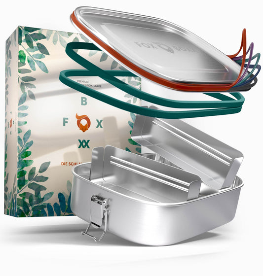 FOXBOXX stainless steel premium lunch box | Mini 800ml | 2 separators / 3 compartments | 5 x decorative color rings + 2 x seal & smart clips | Leak-proof, eco-friendly lunchbox for kids.