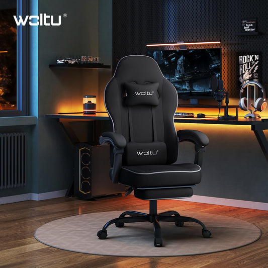 WOLTU Gaming Chair Fabric with Comfort Spring Cushion, Cooling in Summer, Gamer Chair High Load Capacity Ergonomic with Headrest, Lumbar Pillow, Footrest, Mesh Fabric, Black, GS11sz