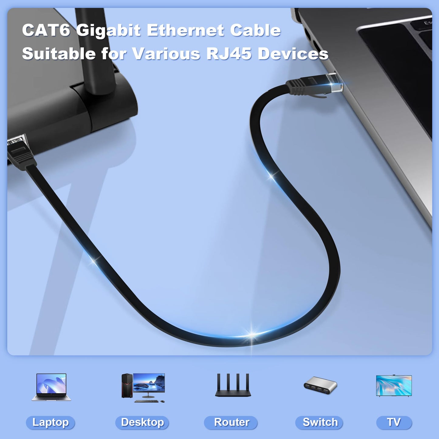 50 meter Black LAN Cable, 50m Cat 6 Network Cable for Indoor and Outdoor Use. Supports Gigabit Ethernet at speeds of 10, 100, and 1000Mbits. RJ45 Patch cable for Router, Switch, PS4/5 with 50 clips included.