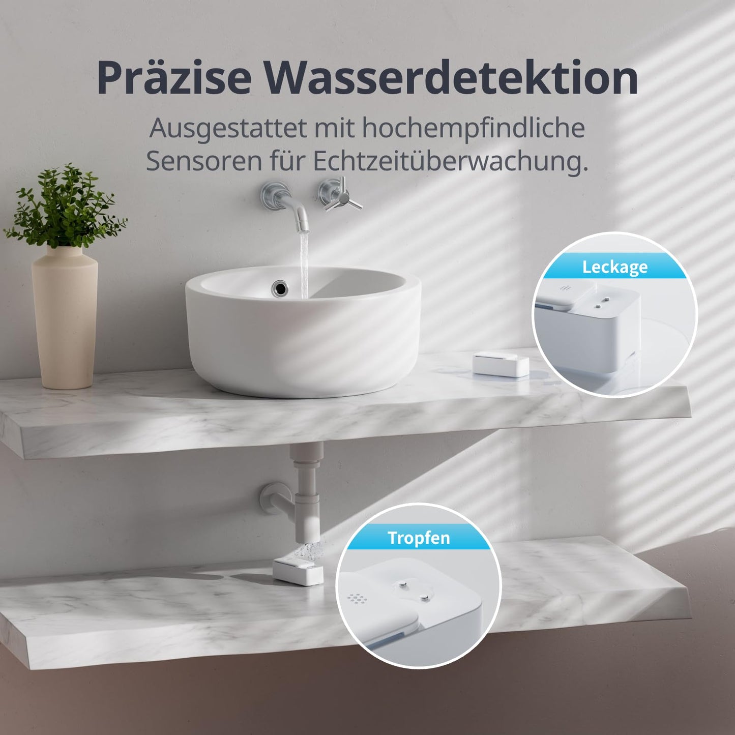 SwitchBot WiFi Water Sensor requires no hub (2.4G only), Smart Water Sensor 3 pack with 100dB Adjustable Alarm & App Notification, IP67 waterproof, Water Leak Detector for kitchen, bathroom, basement.