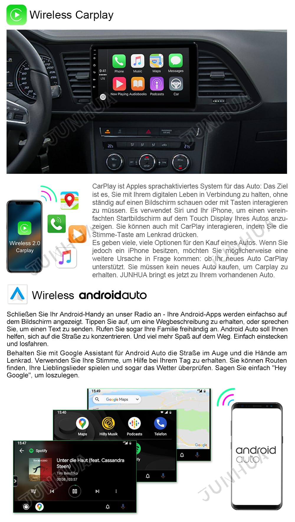 JUNHUA 9" Android 12 car radio with navigation 2G+32G replacement for SEAT Leon MK3 2013-2019, supports Wireless Carplay Android Auto, WiFi Bluetooth 5.1 GPS DSP steering wheel USB.
