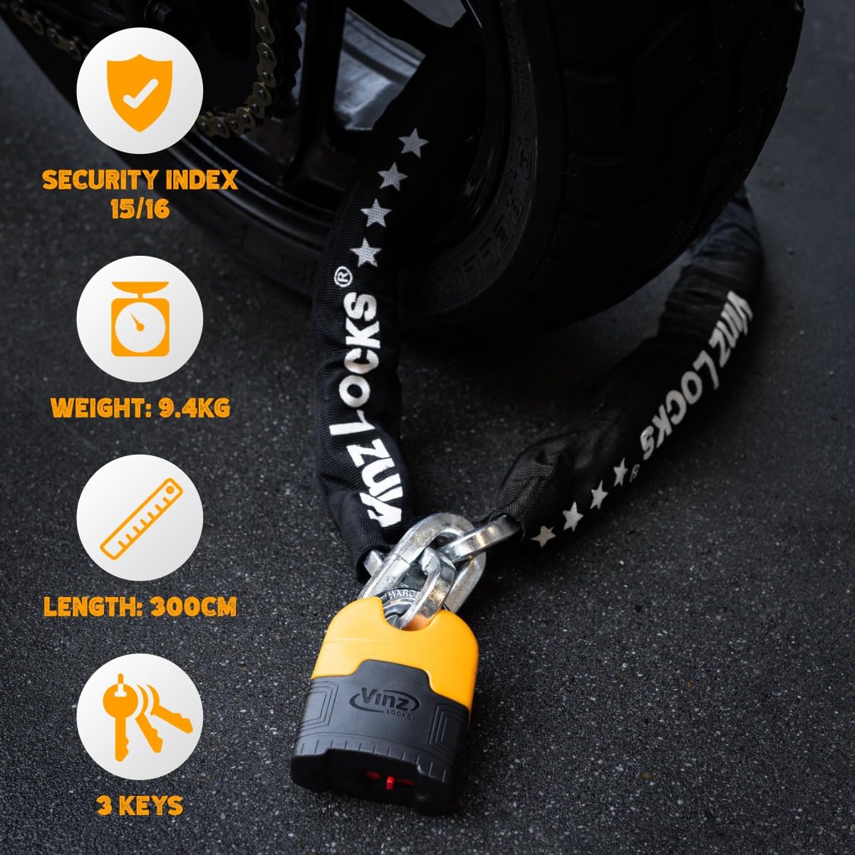 VINZ Makalu chain lock 300cm ø11mm | ART 4 certified | Motorcycle lock Moped lock Scooter & E-scooter | Motorcycle chain lock & armored lock | 120-300 cm (300 cm)