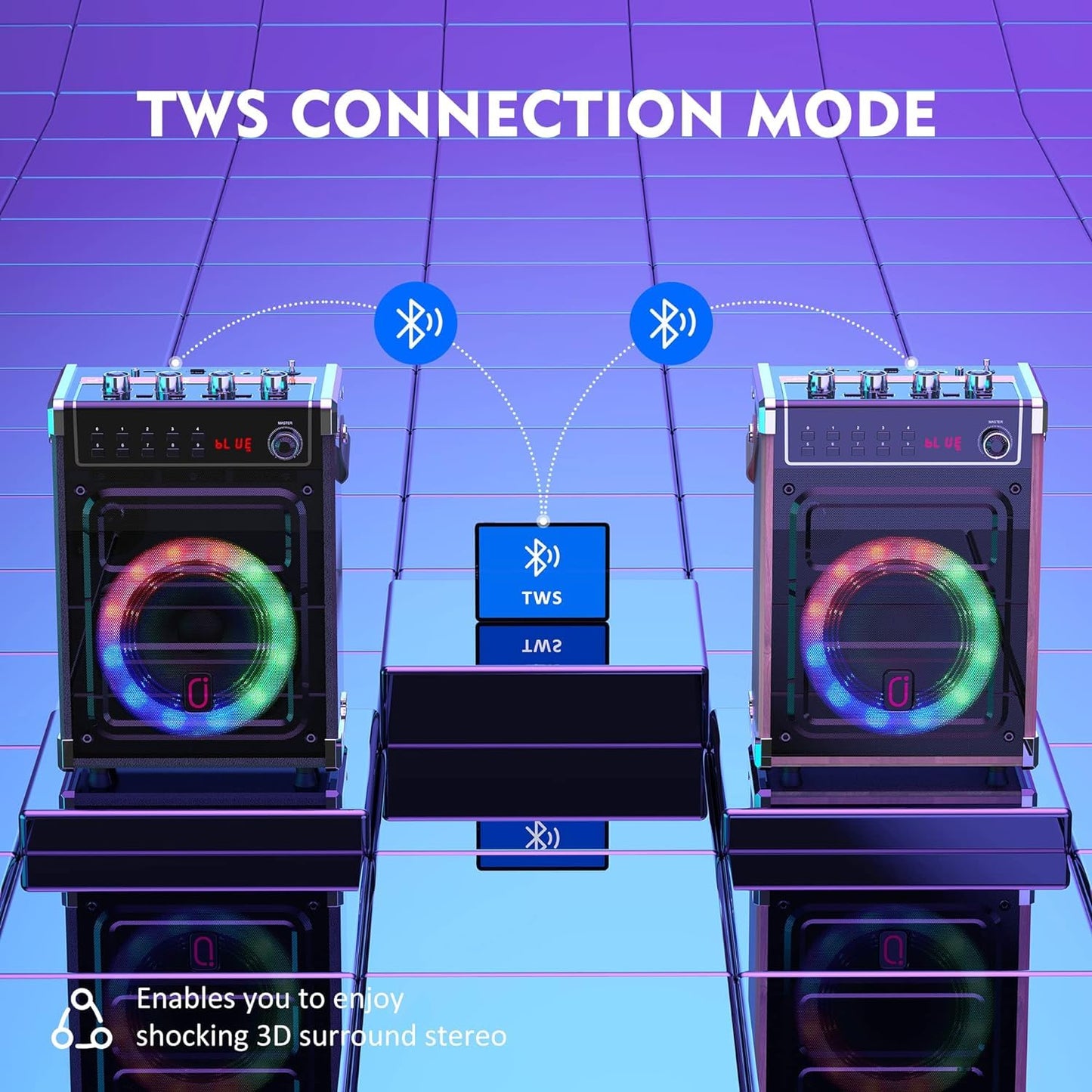 JYX Karaoke machine with 2 UHF wireless microphones, Bluetooth speaker with bass/treble control and LED lights, PA system support TWS, AUX in, FM, recording, perfect for parties/adults/kids.