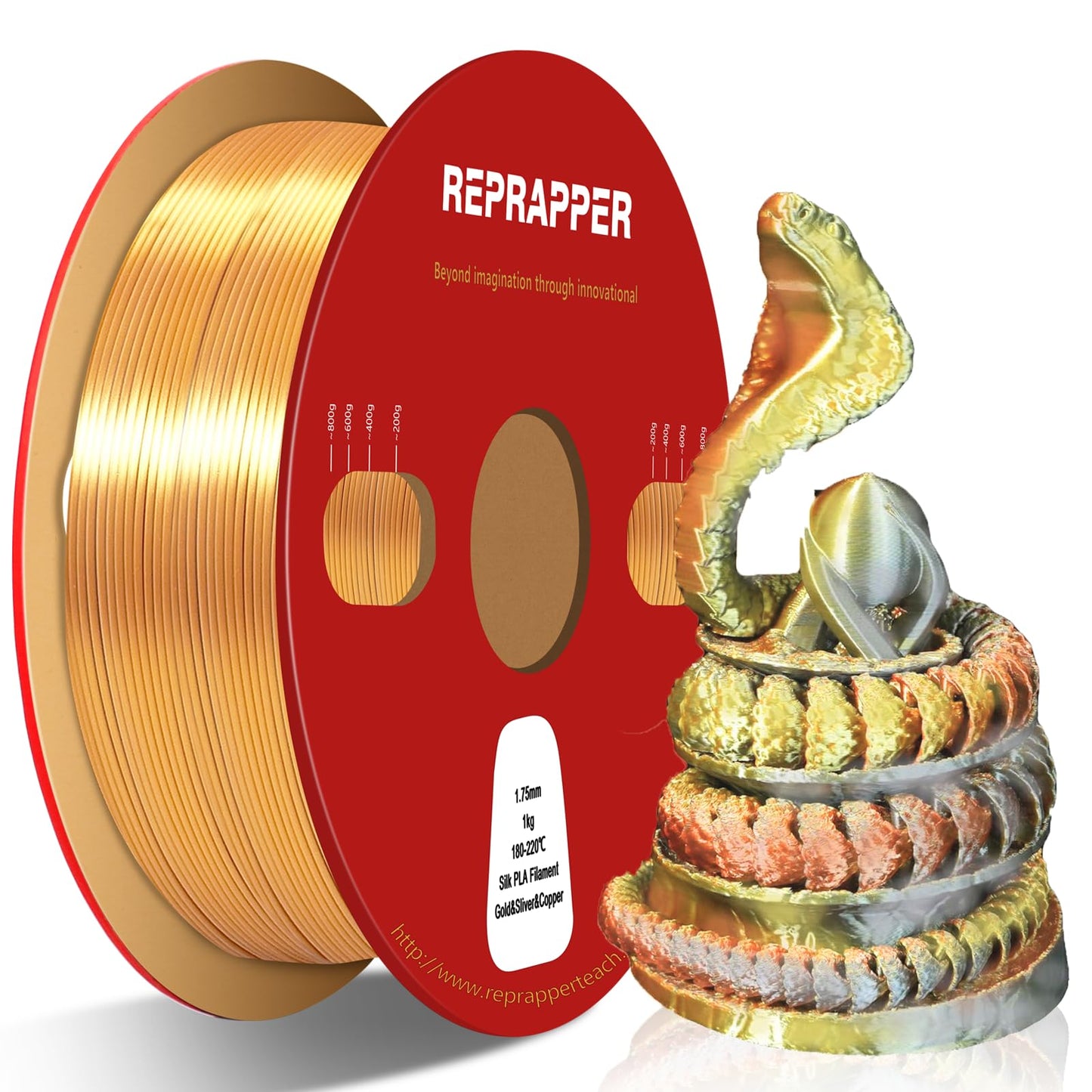 Reprapper Tri-color Silk PLA Filament 1.75mm - 1KG Silk-Look 3D Printer Filament, Shiny PLA Rainbow Swirl in Gold, Silver & Copper, Dimensional Accuracy ±0.03mm, No Tangling