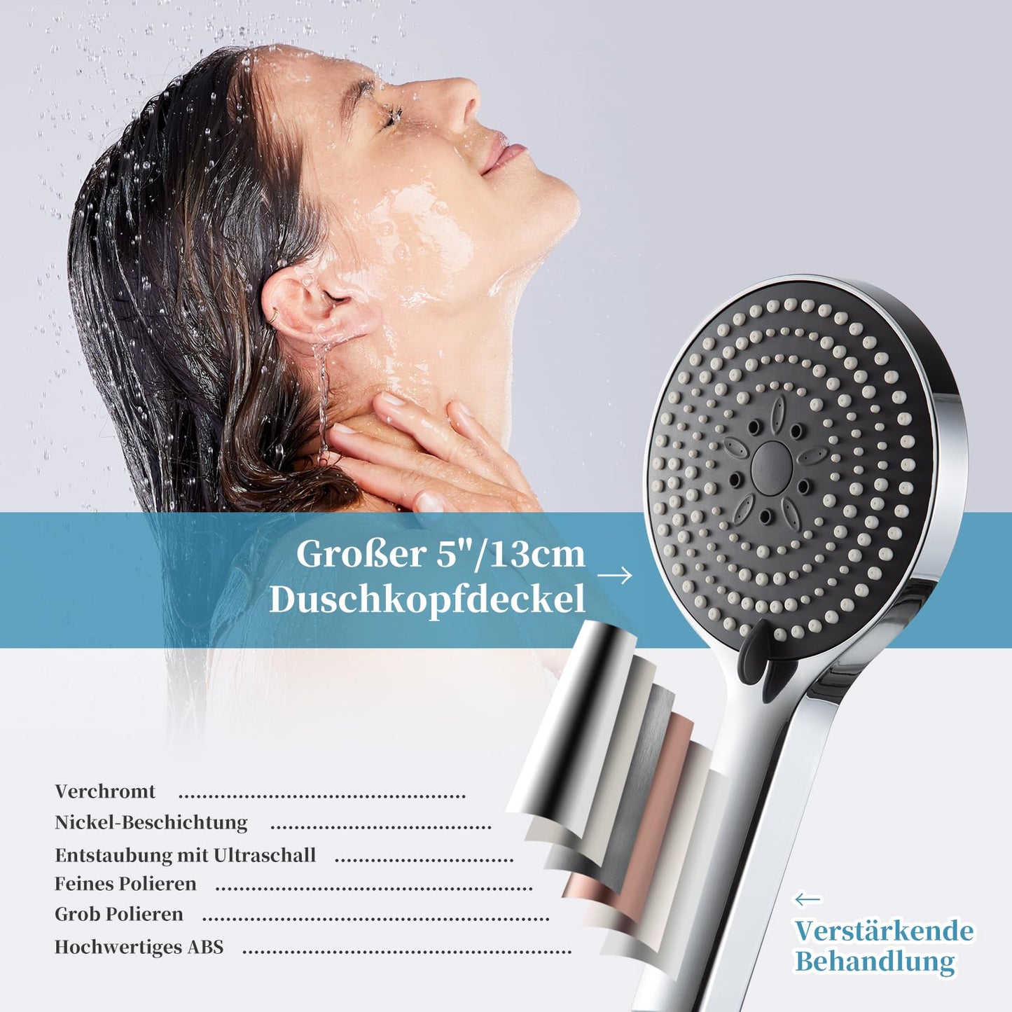 OFFO shower head with 1.6m hose, shower head with twist protection, large shower head with 6 spray modes, water-saving, chrome shower hose with head for bathing.