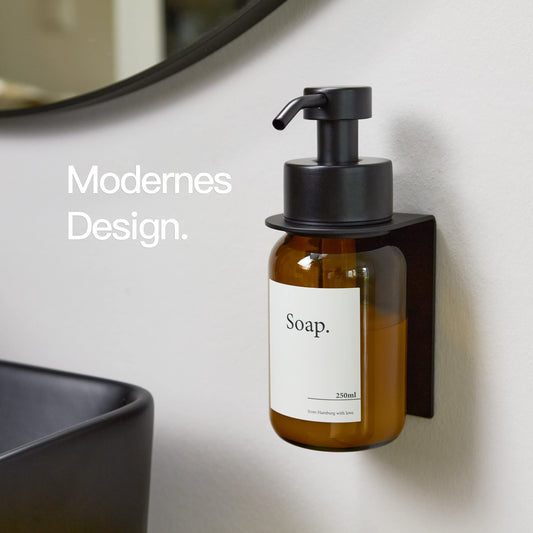 Design Factory Hamburg | Glass soap dispenser with self-adhesive wall mount | Stainless steel pump for liquid soap | Detergent dispenser without drilling | with wall holder | Black / Brown glass