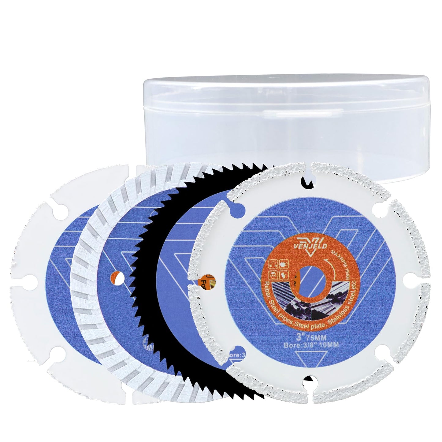 75mm saw blade set - 4 pieces. Diamond cutting disc/wood cutting disc/HSS circular saw blade/metal cutting disc with 10mm bore for concrete, masonry, wood, plastic, metal cutting. VENJELD