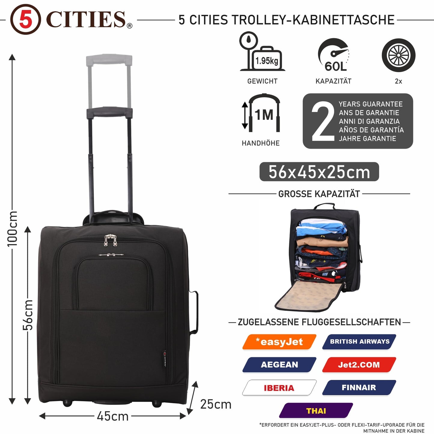 5 Cities 56x45x25 Trolley Suitcase Easyjet/British Airways/Jet2 Maximum size of cabin travel bag flight bag travel bag airplane, 56 cm, 60 liters, 2 year warranty (Black)