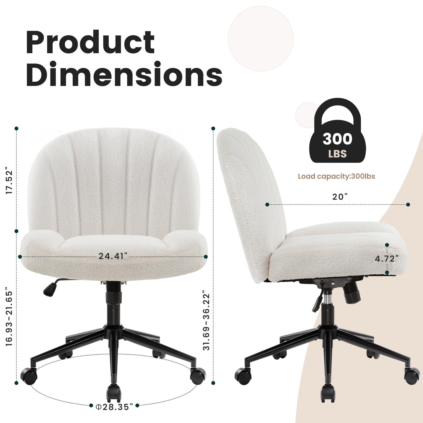 IWMH office chair without armrests, height-adjustable swivel chair with casters, desk chair with fabric upholstery, ergonomic chair, reading chair with wider cushion for cross-legged sitting (White)