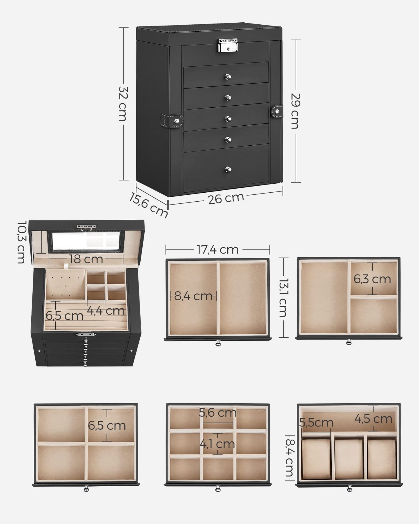 SONGMICS Jewelry Box 6-Tier, Jewelry Case with 5 Drawers, ample storage, interior mirror, lockable, jewelry storage, gift for your loved ones, for watches, black JBC152B01