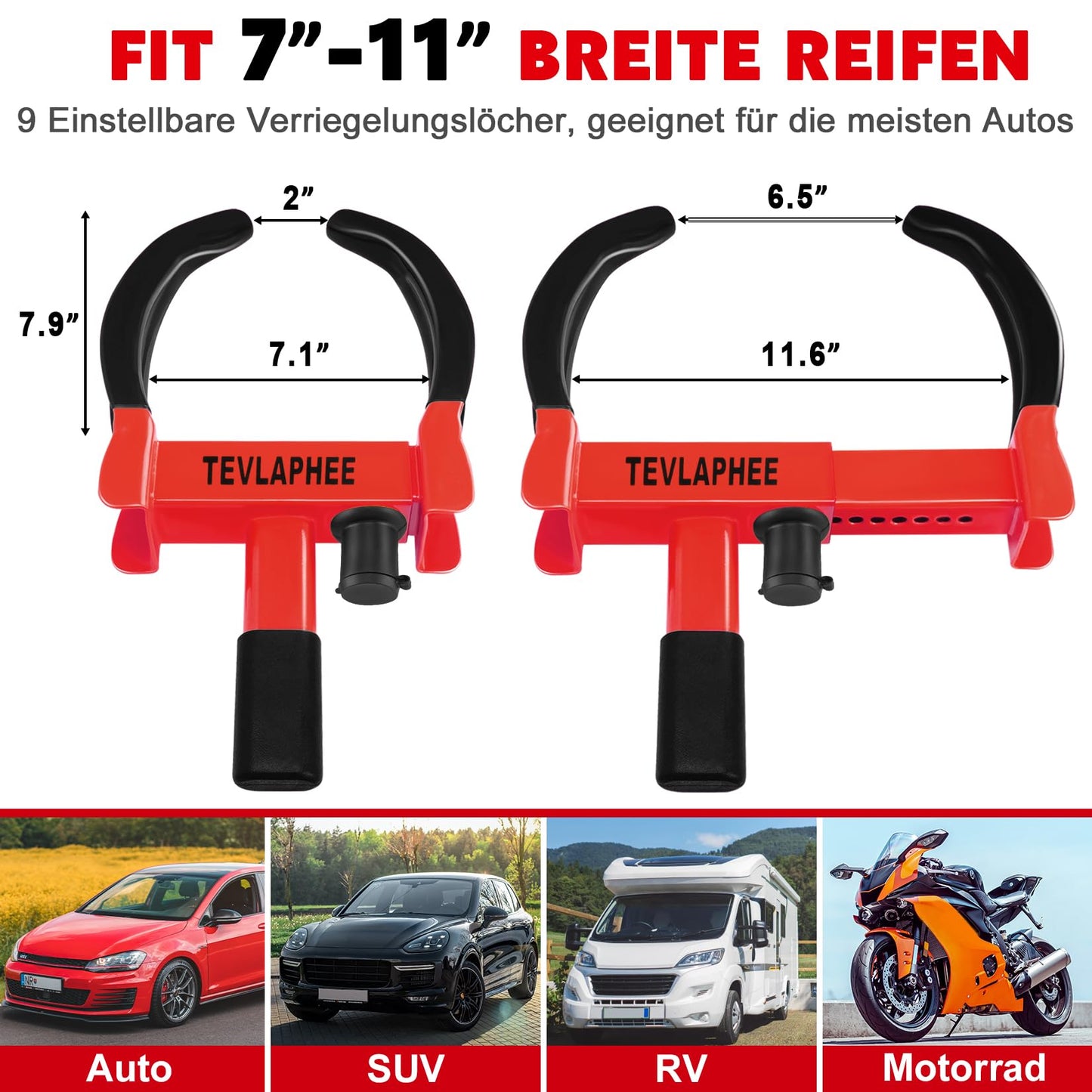 Tevlaphee Wheel Clamp with safety lock and 3 keys for cars, trailers, and caravans - tire width 19-30cm - Wheel lock tire clamp anti-theft security device (Black & Red)