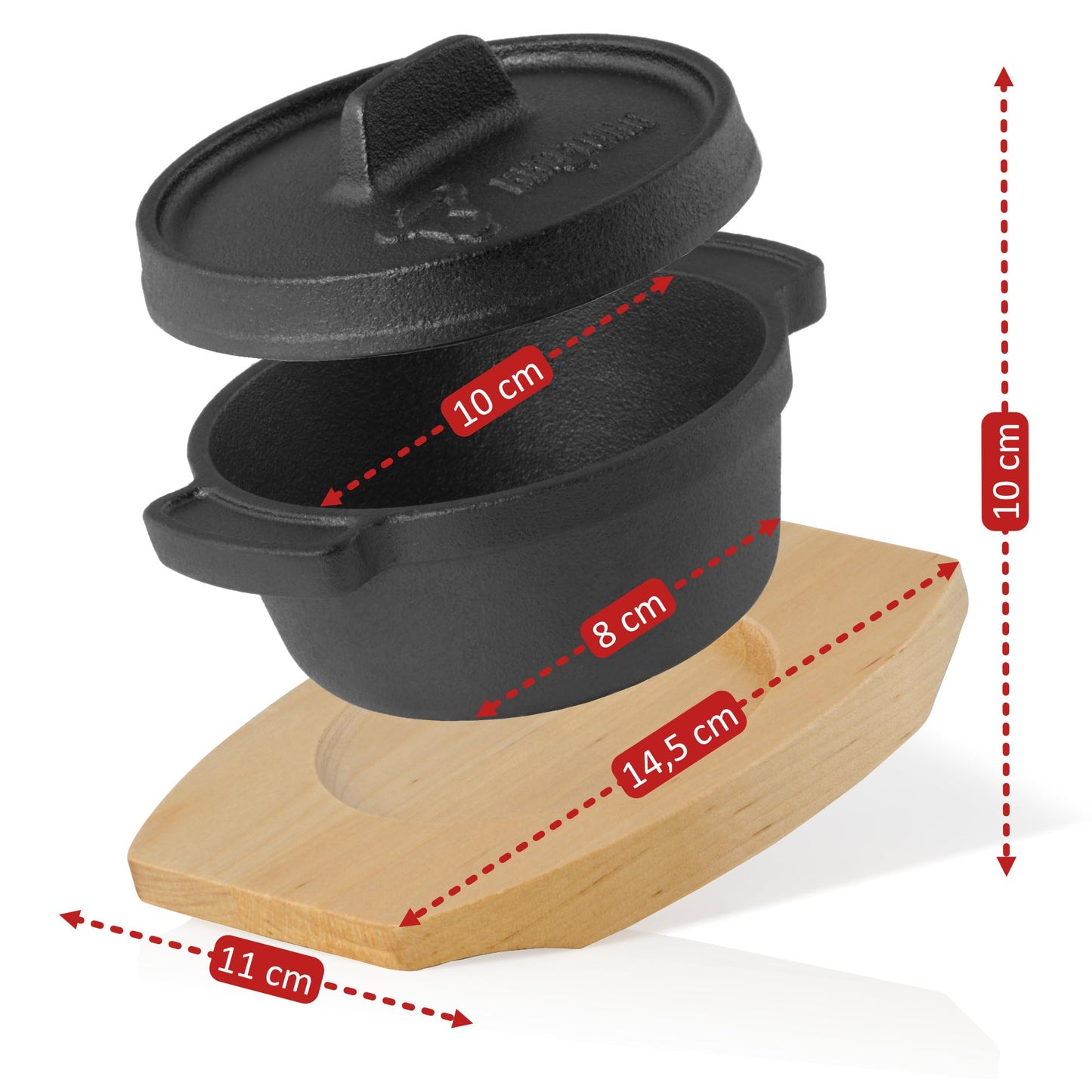 BBQ-Toro Mini Dutch Oven (4 pieces) | Ø 11 cm | Cast Iron Serving Pot with wooden base | pre-seasoned | Small cooking pot dutch oven