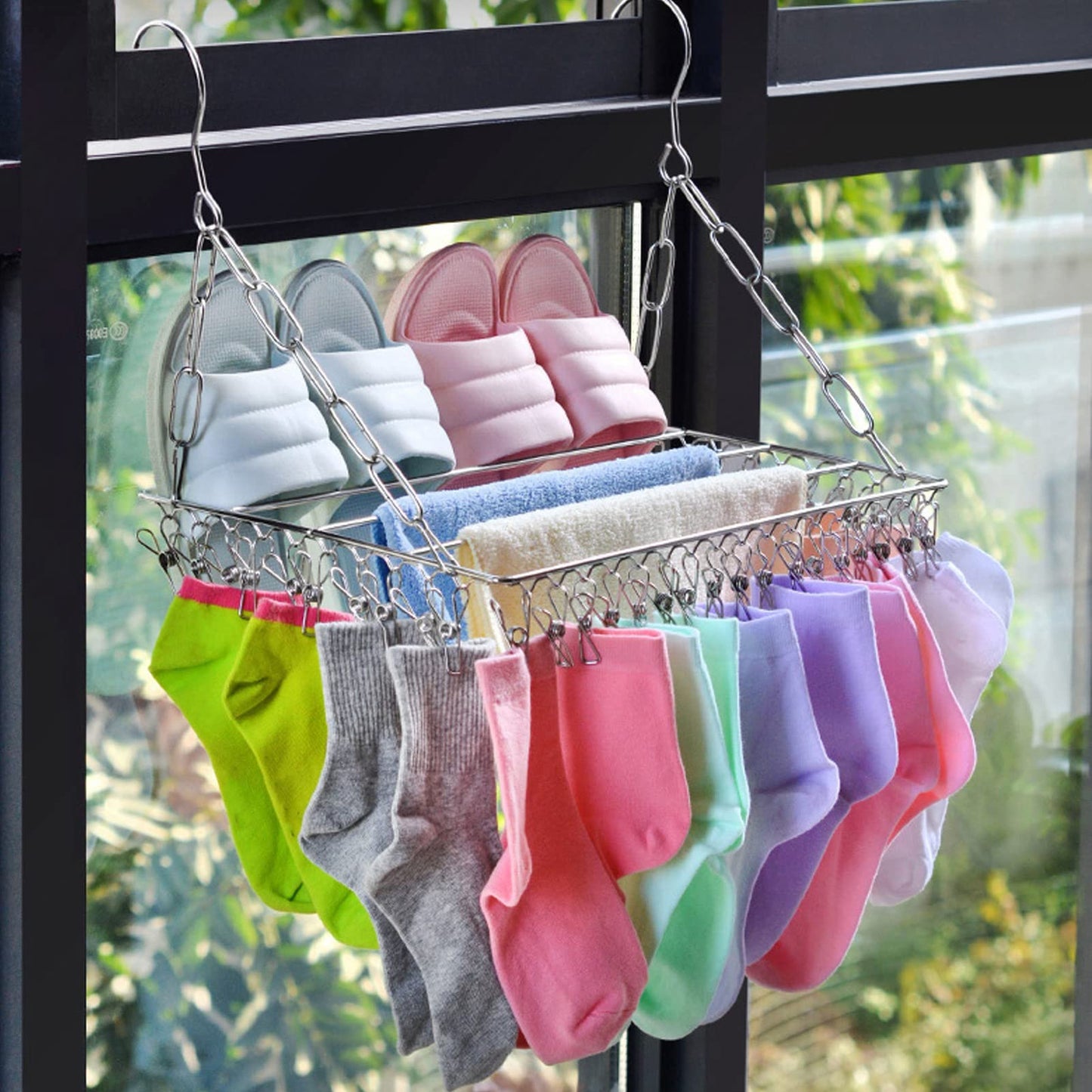 Lyrlody clothes hanger, stainless steel clothes hanger, collapsible sock holder, underwear hanger, hanger for drying towels, bras, lingerie (balcony drying sock holder with 100 clips)