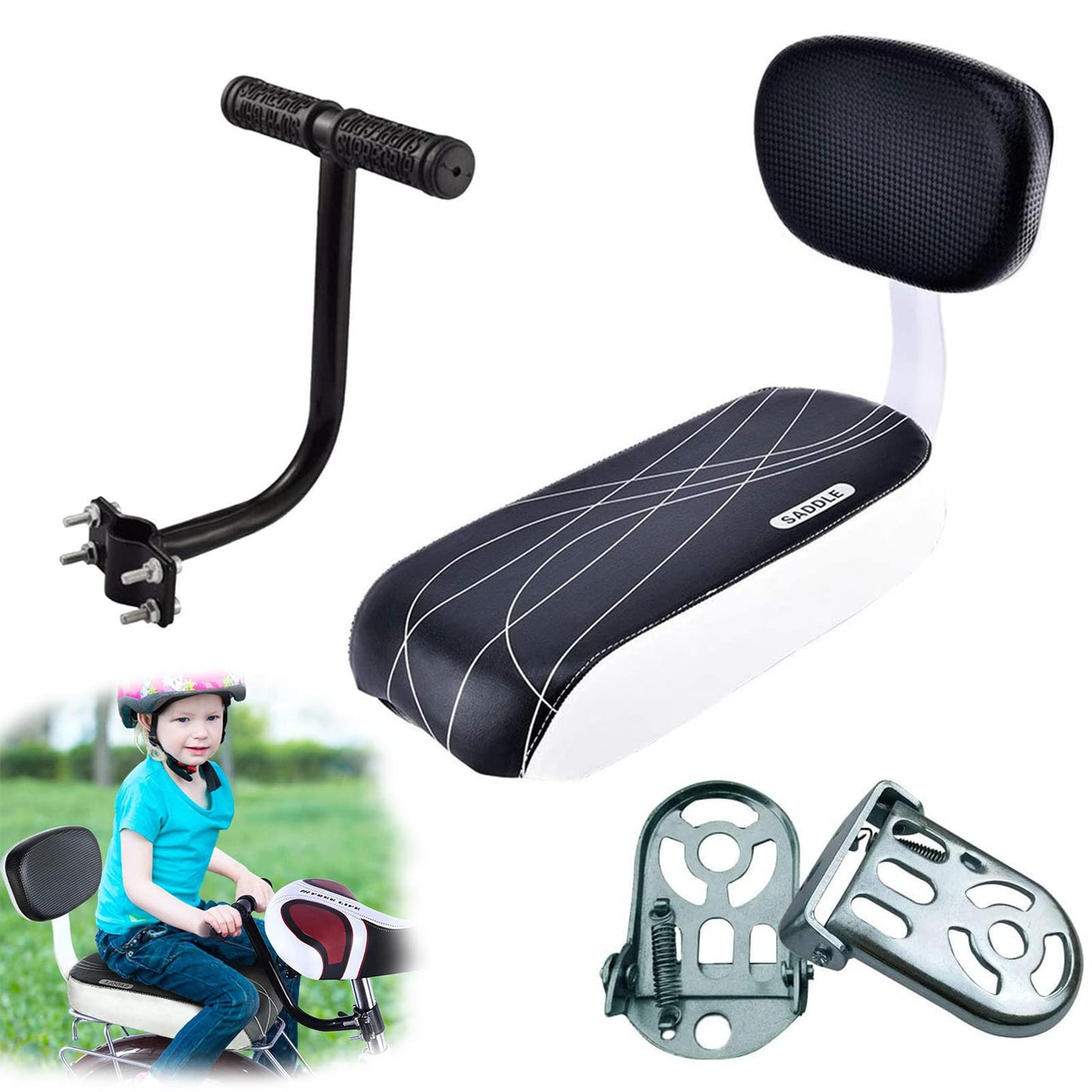 Auvstar Kids Safety Bicycle Rear Seat Accessory Set, Rear Seat Cushion Armrest Footrest Set for Girls/Boys/Children.