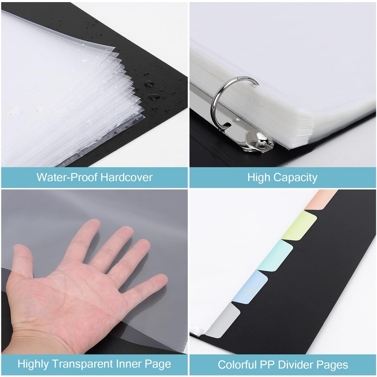 Uquelic presentation book, ring binder with 80 clear pockets A4 crystal clear (50 microns) and 6 macaron-colored PP dividers, folder organizer for documents, certificates, portfolio, black