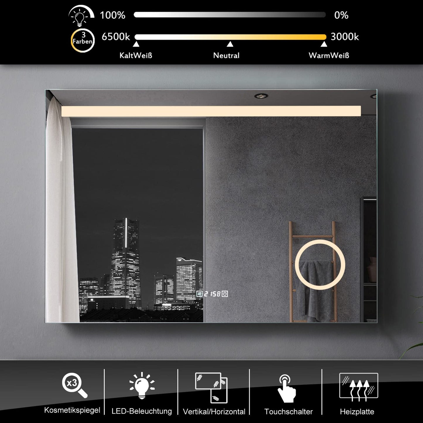 MEESALISA LED bathroom mirror 100x70 cm with lighting Bathroom wall mirror Anti-fog light mirror with socket Clock Touch Dimmable