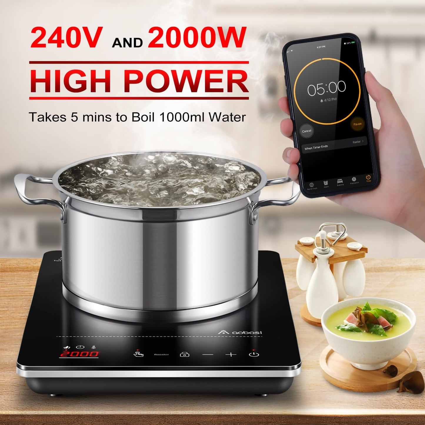 Aobosi Induction Cooktop, Induction Hob 1 Plate, 20 Power Levels and 20 Temperature Levels, 2000W Portable Induction Cooktop, LED Display, 10H Timer, Booster Function, Silver