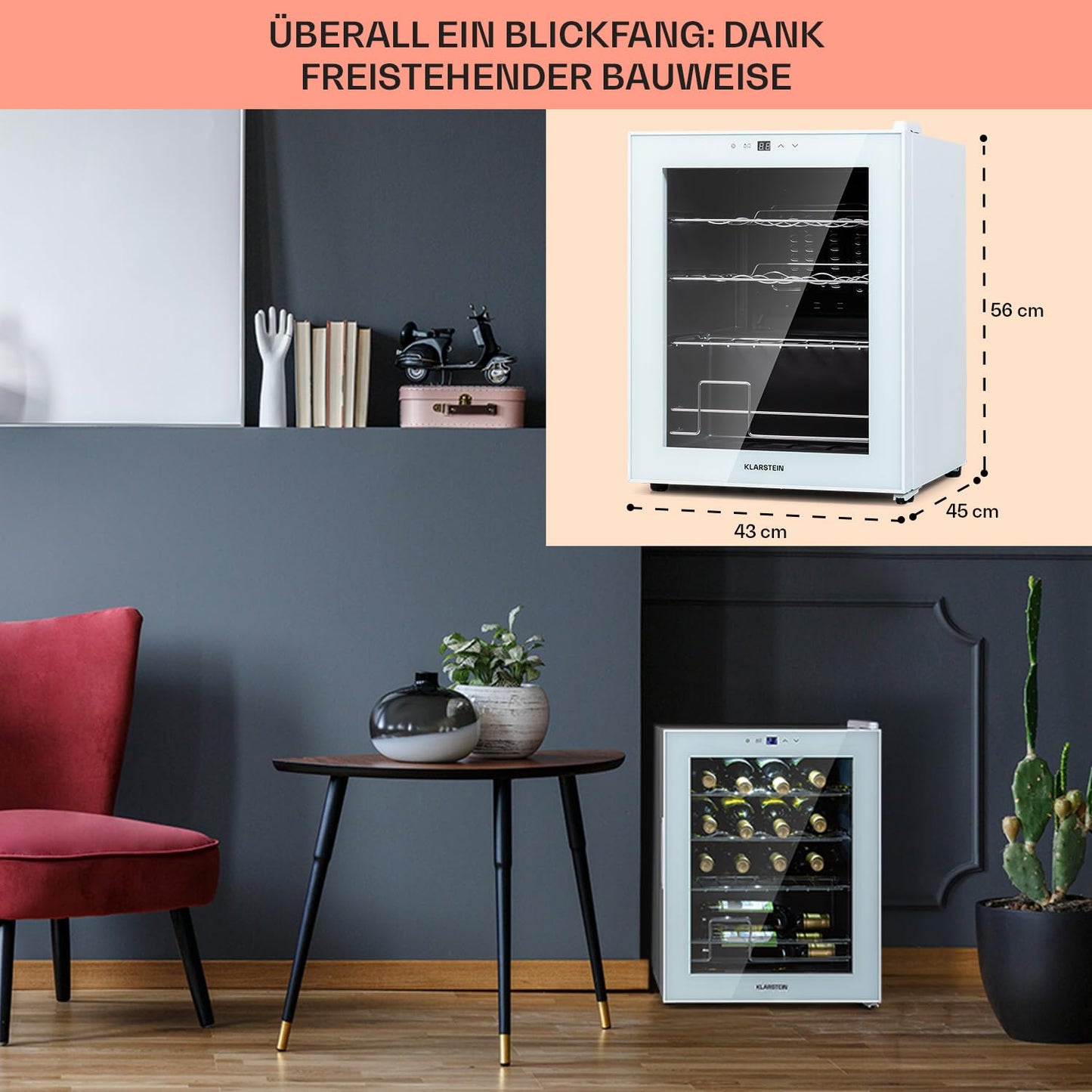 Klarstein Shiraz wine cooler freestanding, small beverage cooler for wine, prosecco & beer, 1-zone wine cooler with glass door & touch control panel, compact fridge, 5-18°C, 16 bottles