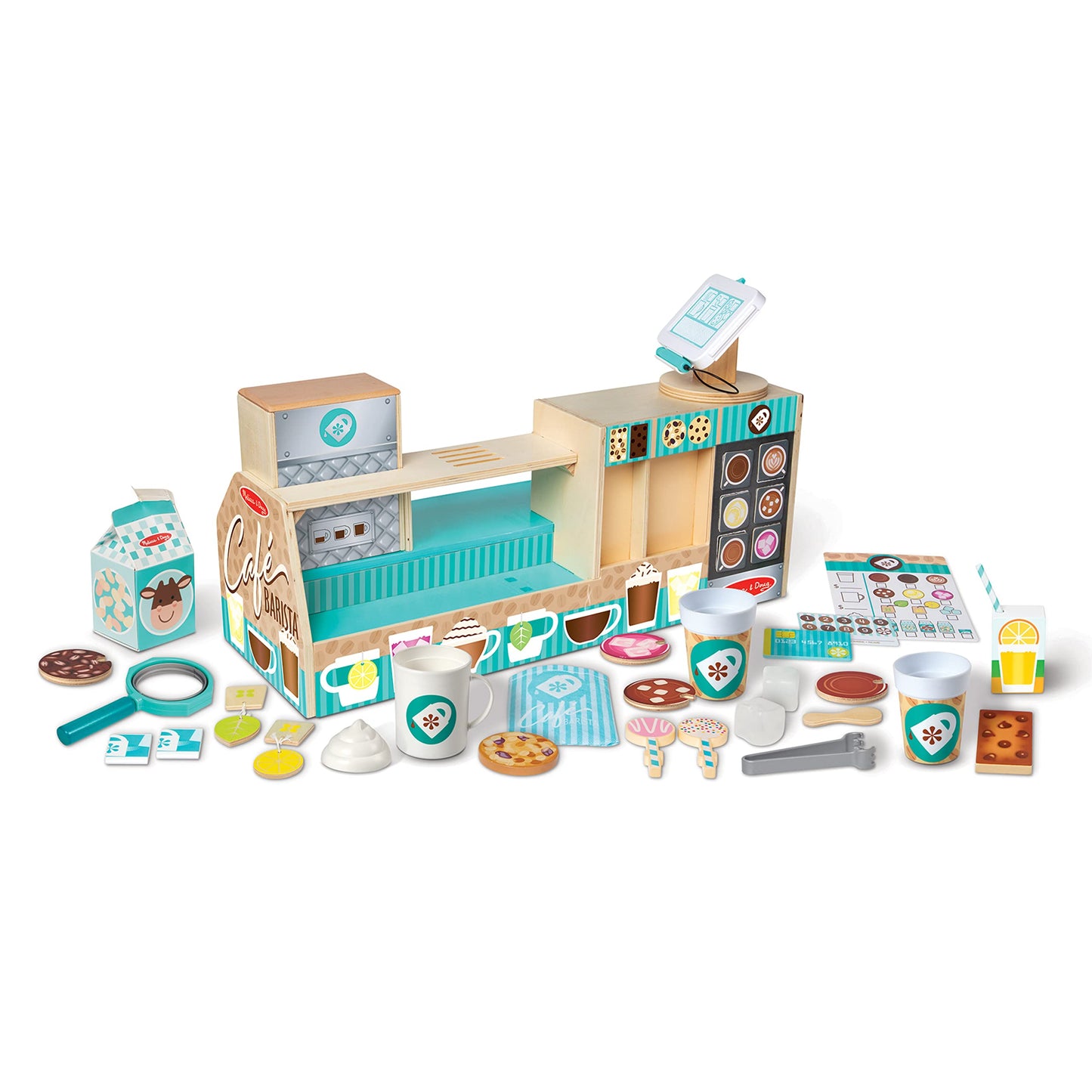 Melissa & Doug Coffee Shop, wooden coffee bar with 35 accessories for realistic role play, for children 3+. FSC certified.