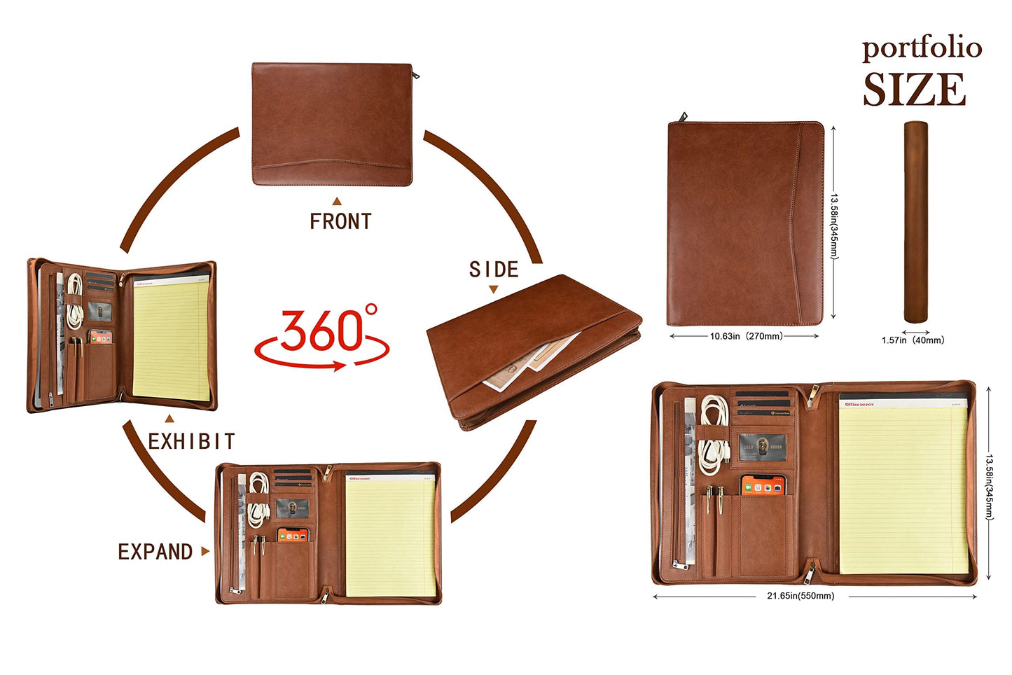 Calfinder A4 Leather Conference Folder, Notepad with A4 Clipboard/Zipper, Vegan Leather File Folder Document Case, Office Organizer, Gift for Women/Men, Brown
