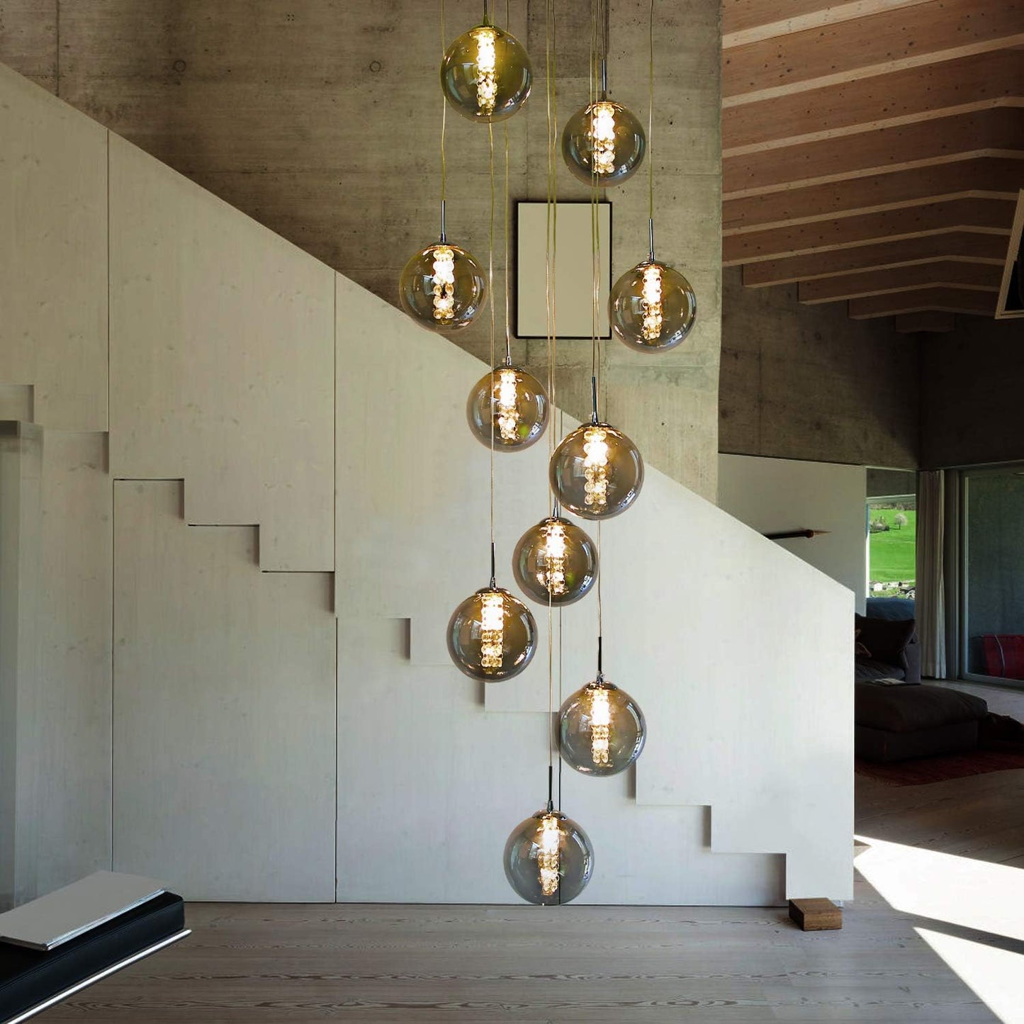 CBJKTX pendant light dining table hanging light staircase - height adjustable pendant lamp 10 lights made of glass in gray color dining table lamp for living room gallery ballroom villa hallway dining table kitchen