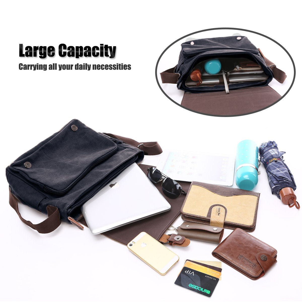 LOSMILE Shoulder bag for men, 16-inch messenger bag made of canvas, suitable for work and school. (Black)