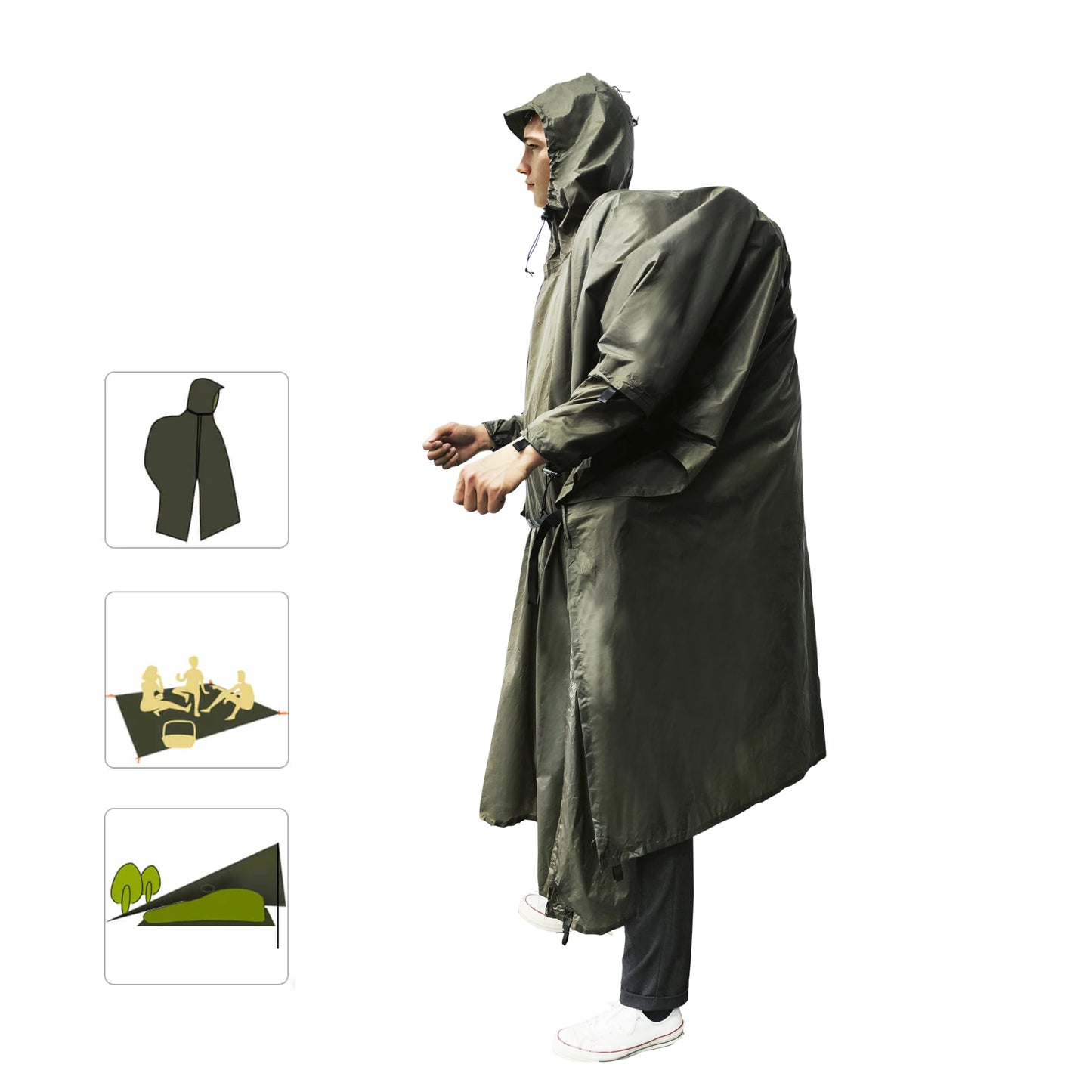Onewind rain poncho for men and women, lightweight waterproof raincoat with hood and adjustable straps for camping, hiking, trekking, OD green.