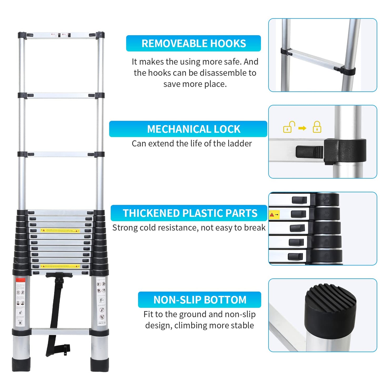 Ansobea Telescoping Ladder Extendable Aluminum, Non-Slip Folding Ladder, Step Ladder Multi-Purpose, 150 kg 330 Pound Capacity, Aluminum Ladder (2.6M with Hooks)
