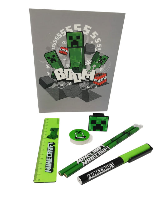Theonoi stationery set (7-piece), Minecraft school writing set for every gamer fan! Perfect gift for back-to-school to fill the school cone with pens, notepad, pencils, ruler, sharpener.