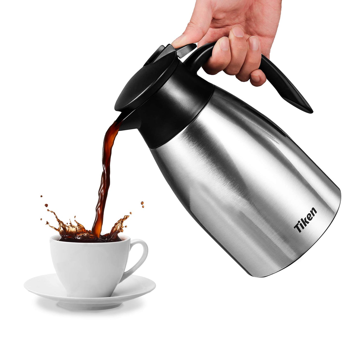Tiken 1.5L stainless steel double-walled vacuum insulated thermos flask, insulated coffee pot, silver.