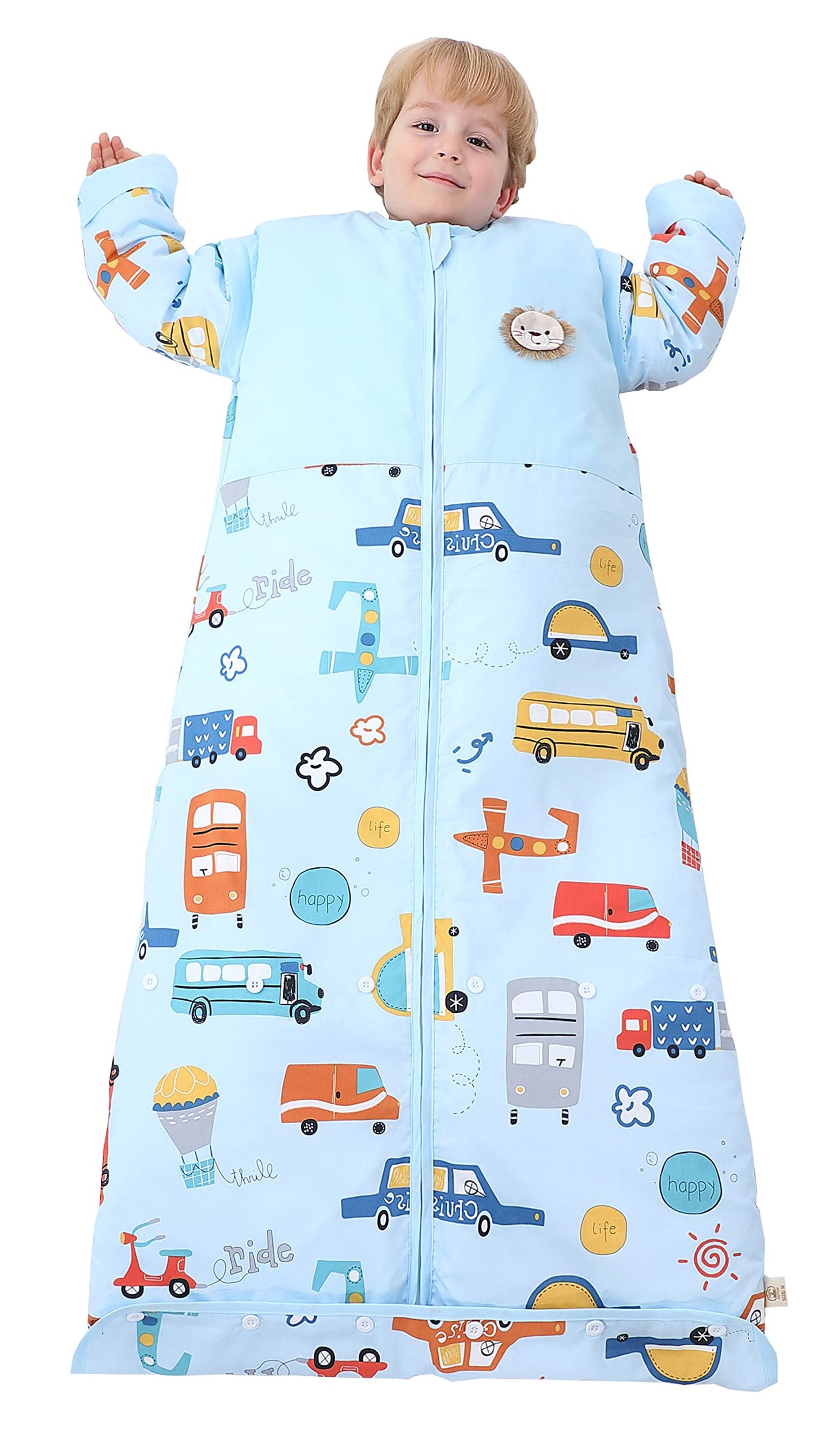 Chilsuessy Winter 2.5 Tog Kids Sleeping Bag with Removable Sleeves Organic Baby Sleeping Bag All Season Sleeping Bag for Boys and Girls 1-10 years old, 2.5 Tog/Colorful Bus, M (70-100 cm)