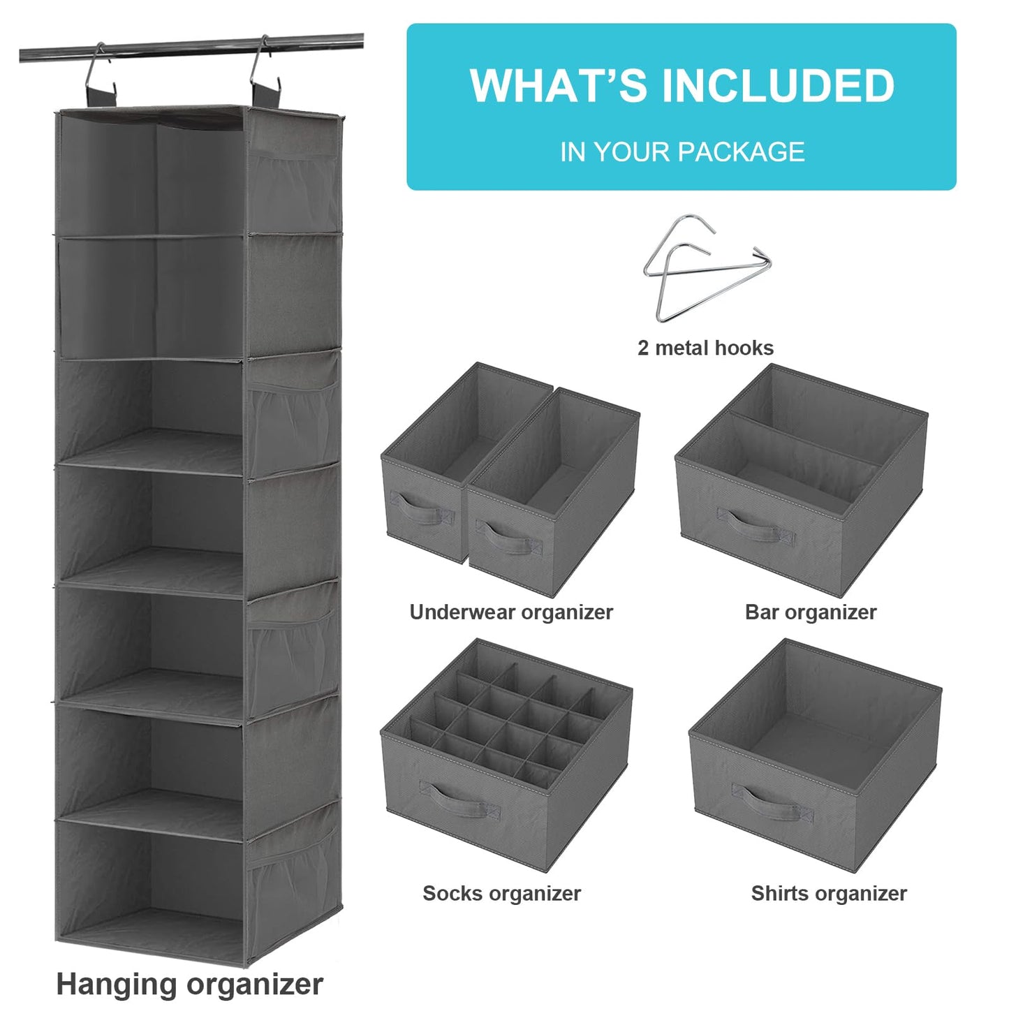 VERONLY hanging shelf with 7 compartments hanging organizer wardrobe organizer hanging storage fabric with 5 drawers and 8 mesh pockets foldable storage system for bedroom, camper camping (gray)
