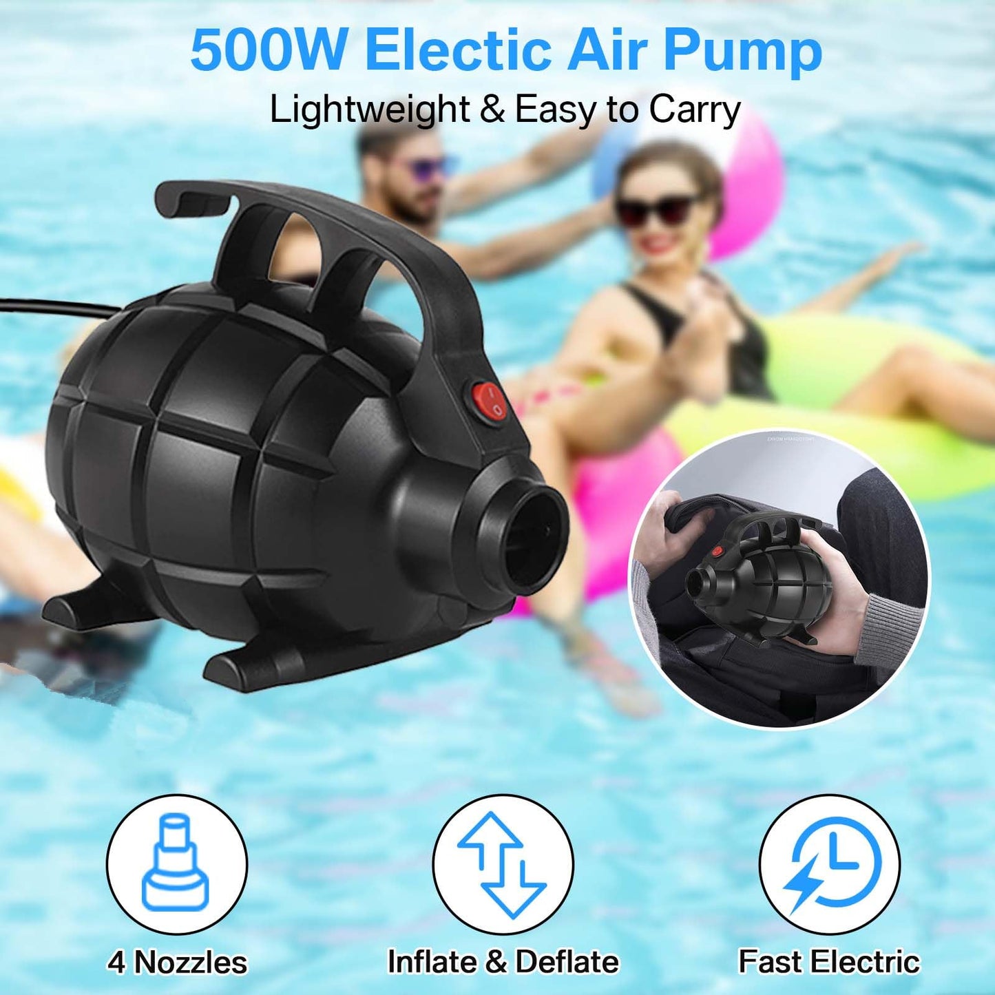 PPXIA Electric Air Pump, Electric Pump with 4 Nozzles for Inflatable Air Track Mat, Air Mattress, Swim Rings, Rafts, Water Beds, Boats, Kids Pools, SUP Boards, Yoga Balls, etc.