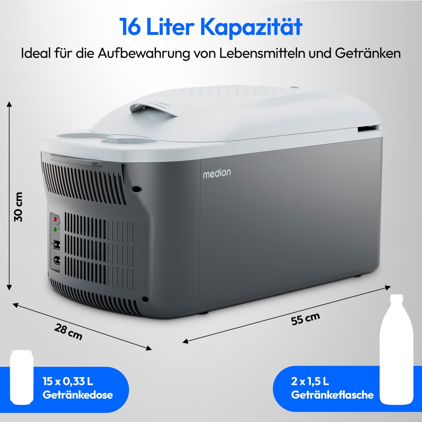 MEDION Coolbox 2in1 Cooling and Heating (16 liters, mobile electric car coolbox, thermoelectric, mini fridge, 2in1 connection 230V & 12V, carrying strap, for holidays, camping and travel, MD13100)