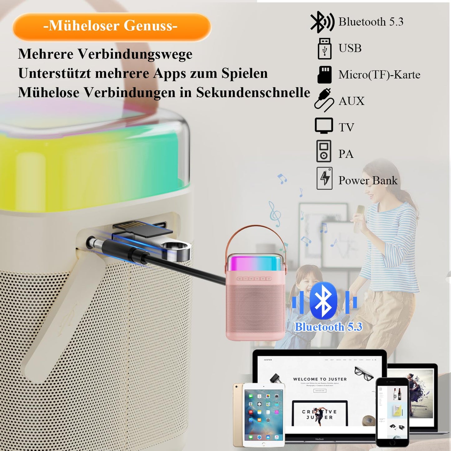 Tmiyas Karaoke Machine with 2 Wireless Microphones, Portable Bluetooth Karaoke Speaker with LED Lights for Home Party, Gift for Birthday, Christmas, Toys for Girls and Boys.